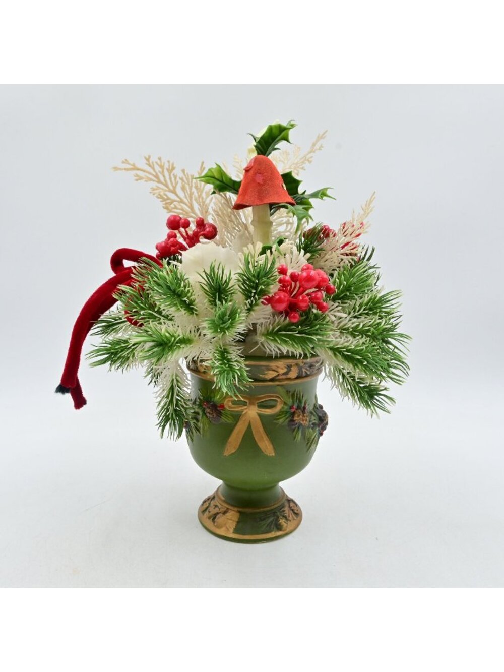 Napcoware Christmas Ceramic Planter Holly Berries Mushroom Bouquet MCM